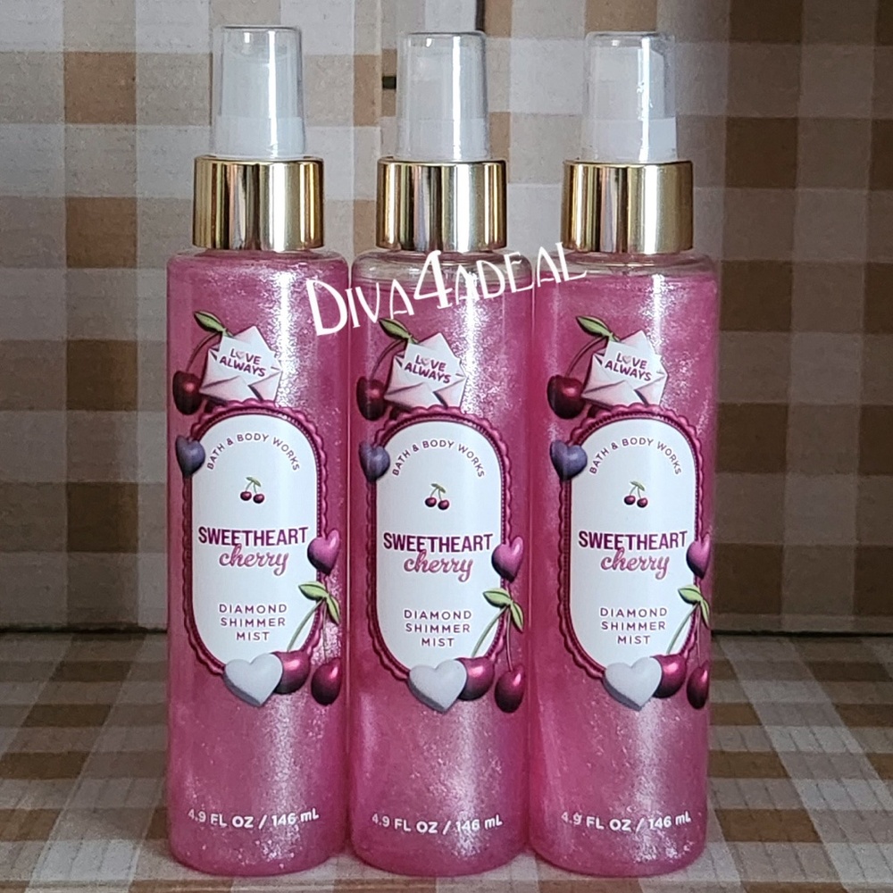 3x Bath & Body Works SWEETHEART CHERRY Diamond Shimmer Mist Spray Bundle
